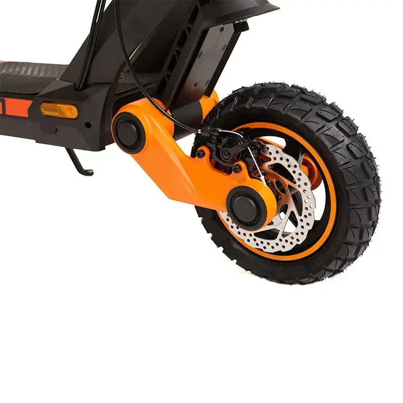 Close-up of KuKirin G3 electric scooter front tire with knobby tread, front disc brake, and suspension system for off-road riding