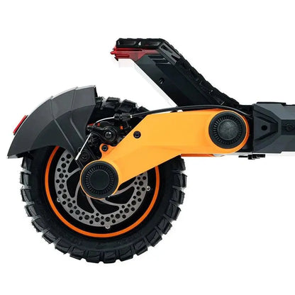 KuKirin G3 electric scooter rear tire with integrated high-power motor, disc brake system, and shock suspension — built for speed and off-road performance