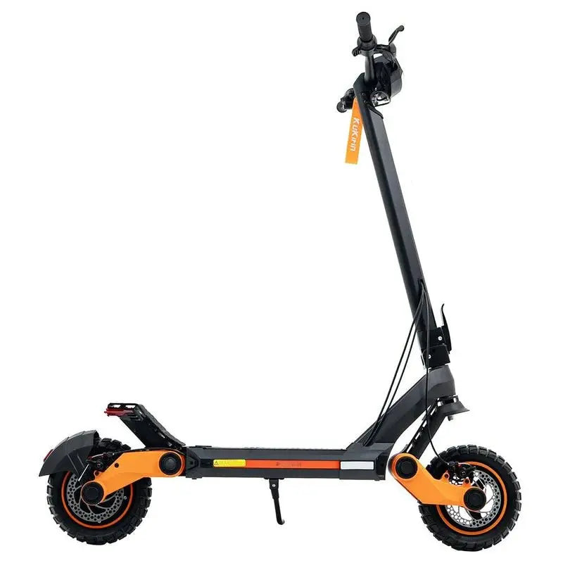 Opposite side of KuKirin G3 electric scooter featuring rear shock absorber, disc brakes, and kickstand
