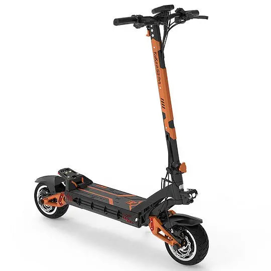 Front view of KuKirin G3 Pro electric scooter with aggressive headlight design, wide handlebars, and rugged front suspension — built for performance and stability